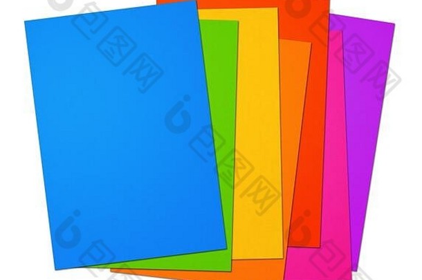 白色背景上隔离的彩色彩虹空白A4纸张系列