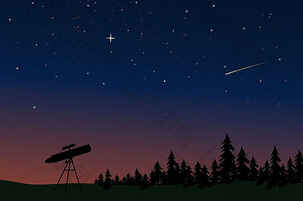 望远镜在黄昏的夜空衬托出轮廓