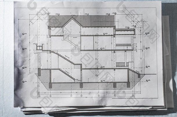 家居设计蓝图。住宅项目的草图。建设背景。技术建筑项目房屋平面图。许多关于建筑师的论文