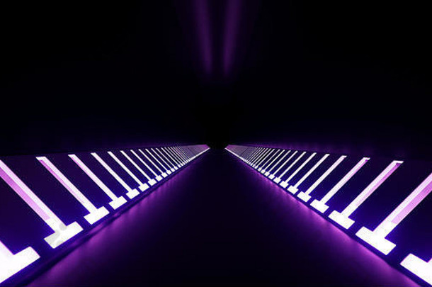 真的黑色科幻走廊，霓虹灯槽墙3D渲染