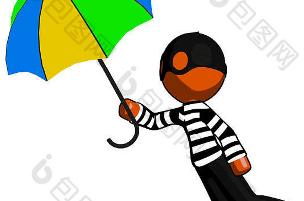 橙色的小偷拿着彩虹色的伞飞行。