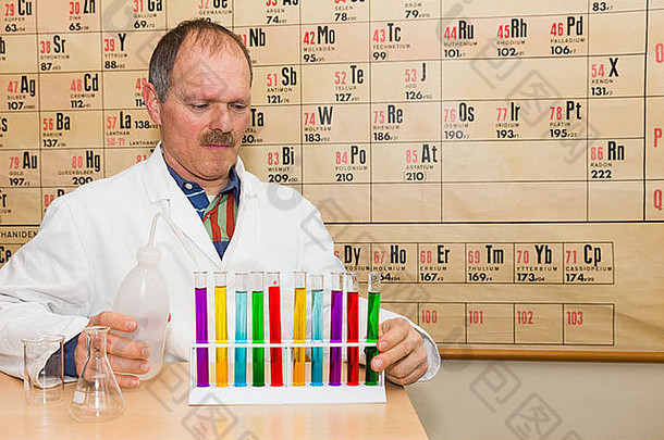 化学家用有色液体填充玻璃试管