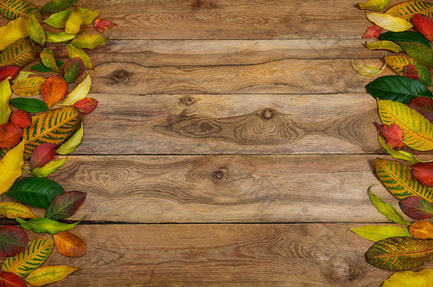 在乡村木桌上，以彩色秋叶框架为背景的快乐感恩节问候语，空间