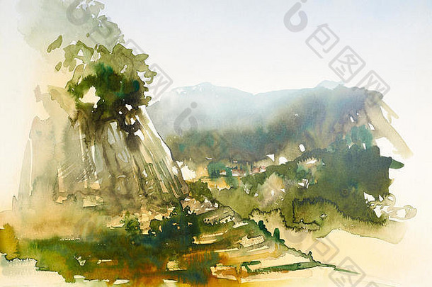 展示夏季托斯卡纳风景的水彩画