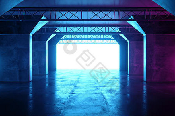 霓虹灯发光的紫色的粉红色的<strong>蓝色</strong>的复古的sci未来主义的现代空难看的东西混凝土反光阶段建设<strong>隧道</strong>走廊黑暗房间大厅任