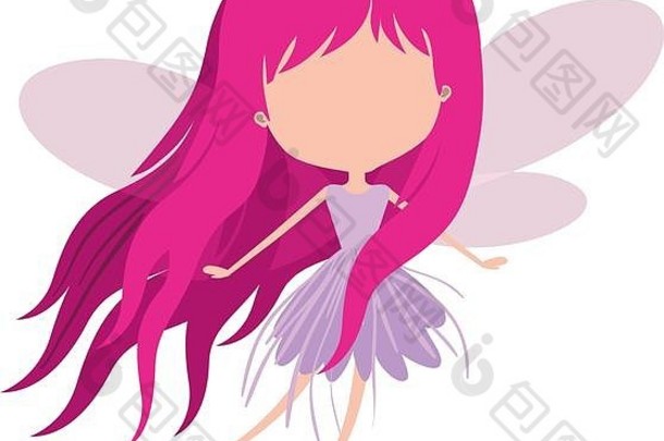 女孩仙女翅膀脸品红色的长头发紫罗兰色的衣服白色背景