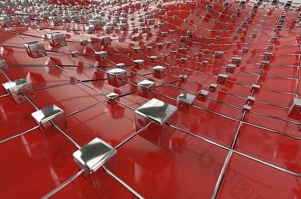 红色线框金属立方体网格与球波景观抽象背景。大数据3d插图。