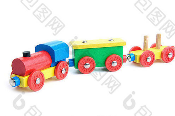 木色彩斑斓的玩具火车白色背景
