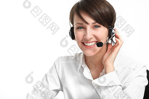 微笑女人操作符耳机麦克风耳机白色