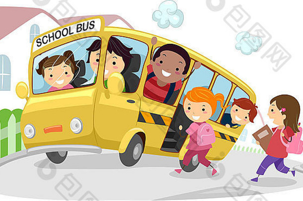 孩子们乘坐校车上学的插图
