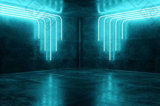 科幻霓虹灯未来派赛博朋克闪耀复古现代活力蓝光激光秀空舞台大厅反射混凝土垃圾俱乐部背景