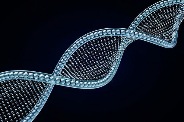 黑色背景下对角线DNA链的特写镜头。三维渲染