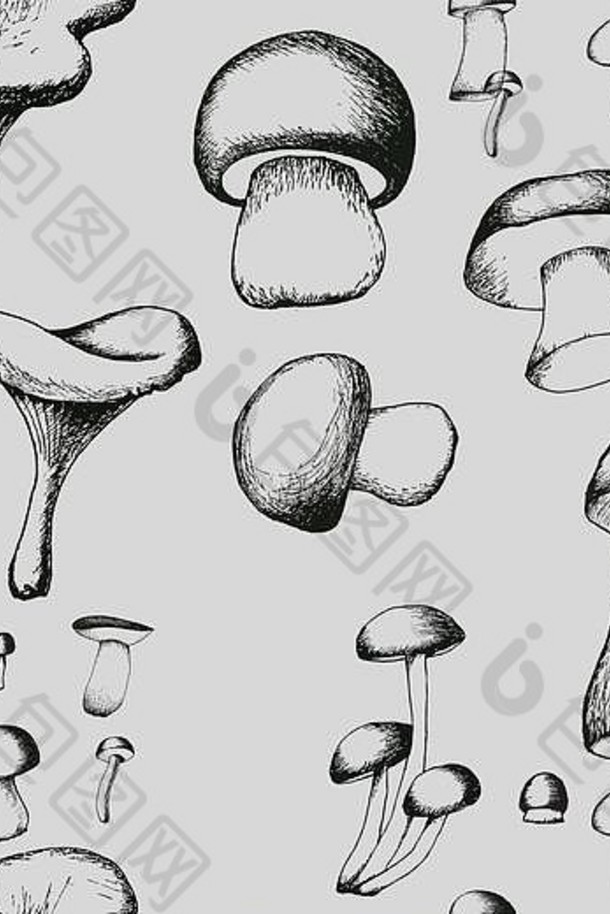 手画无缝的模式蘑菇