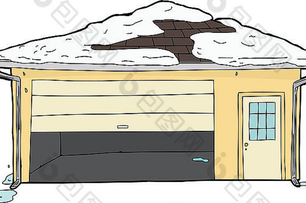 与世隔绝的空置住宅车库，门被卡住，积雪