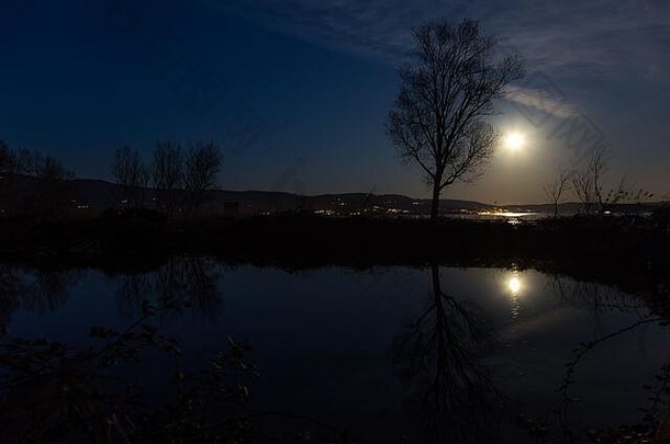 月亮树反映trasimeno湖表面晚上