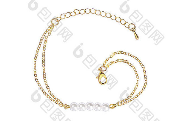 黄金手镯大珍珠孤立的白色背景剪裁路径包括