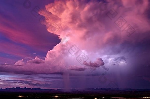 日落时被闪电照亮的雷暴积雨<strong>云</strong>在亚利桑那州圣卡洛斯附近的山上漂浮。