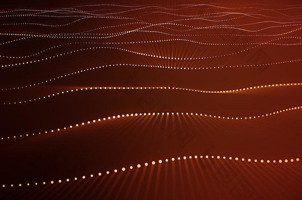 三维渲染抽象多边形波浪背景，点线相连。连接结构。电脑显示器。流波动红线和点。