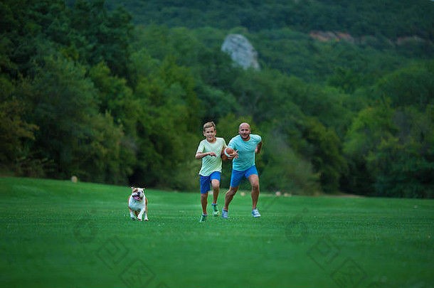 爸爸和儿子正在公园里和一只英国斗牛犬一起跑步。父亲节阳光明媚的夏日，父亲带着儿子和狗在城市公园散步。家庭