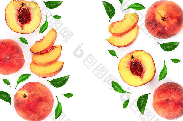 成熟的桃子叶子孤立的白色背景复制空间文本前视图平躺模式