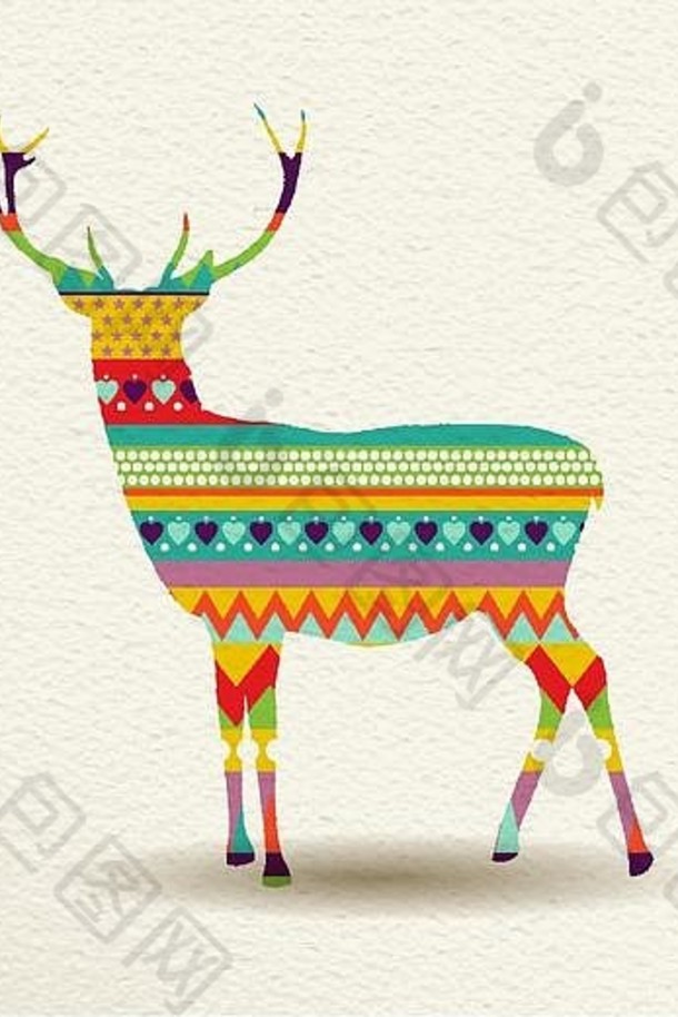 欢乐圣诞鹿设计，有趣的快乐色彩，几何形状和条纹，概念节日插图。EPS10载体。