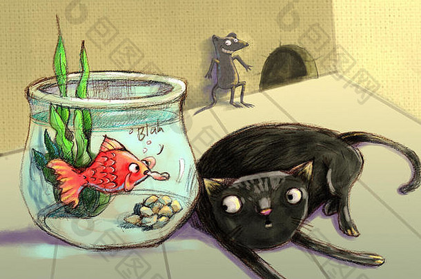 鱼取笑黑色的猫反复无常的绘画