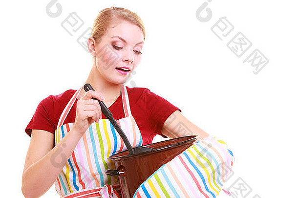 快乐家庭主妇老板色彩斑斓的厨房围裙能<strong>汤包</strong>孤立的工作室拍摄