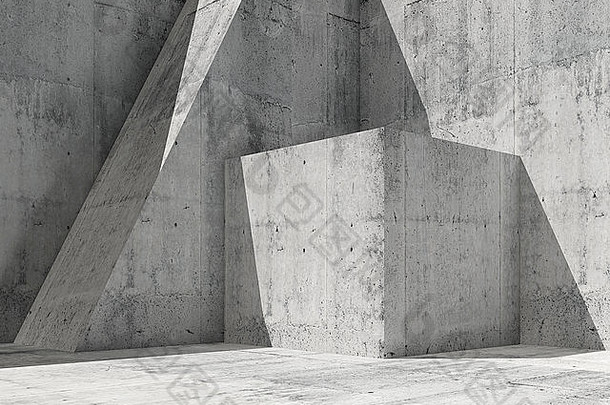抽象的空混凝土内部几何图形、方形3d渲染插图、现代建筑背景