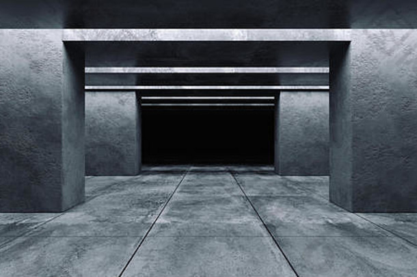 现代未来主义的混凝土背景难看的东西空黑暗空间车库大厅隧道走廊宇宙飞船粗糙的纹理发光的白色光画廊渠