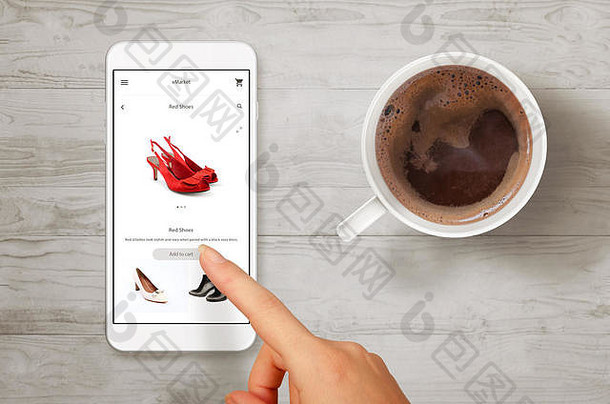 女人购物鞋子聪明的电话前视图场景咖啡