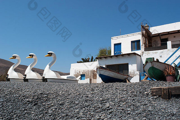 Fuertventura：波佐内格罗黑海滩上的天鹅形脚踏船