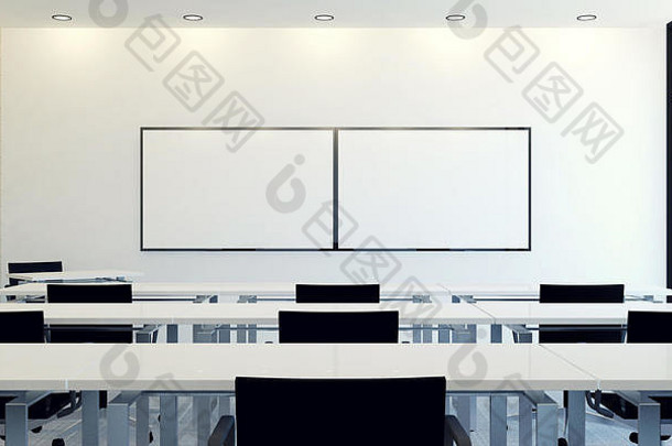商务会议室的现代化内部，带有用于演示和3D渲染的空白监控屏幕