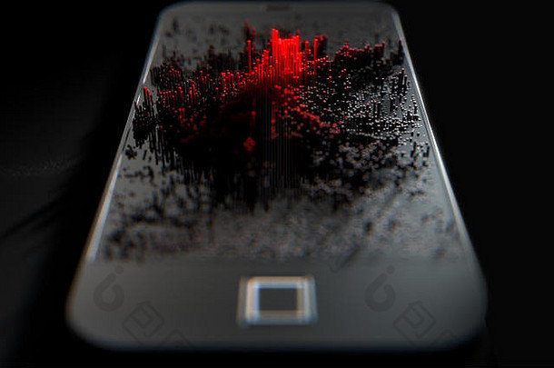 现代通用智能手机屏幕的3D渲染，随机发射红色小像素