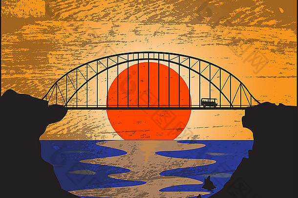 日落时在海洋上的一座现代桥（格伦格）