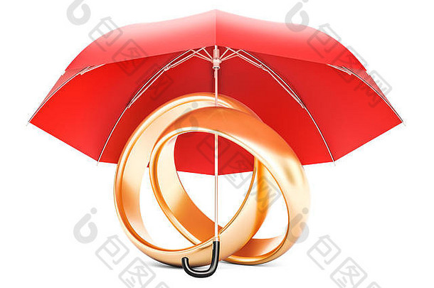 婚礼环伞保护婚姻概念呈现孤立的白色背景