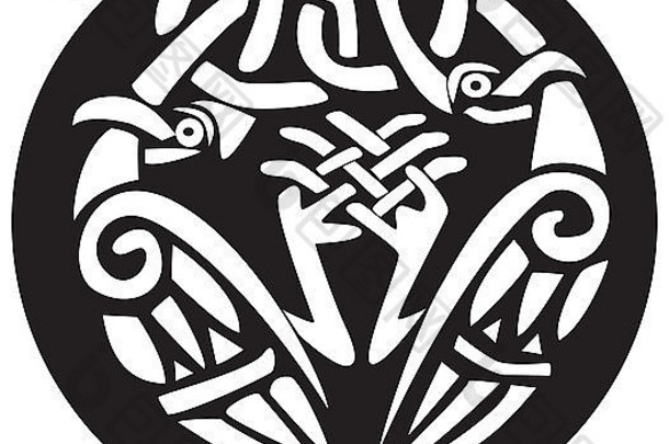 黑色的白色插图传统的凯尔特设计抽象描绘结维京人鸟