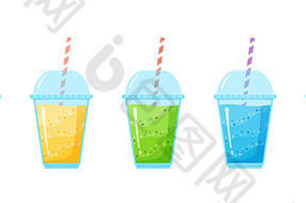 维生素冰沙鸡尾酒夏季套装插图。新鲜果汁摇杯能量鸡尾酒，彩虹色系列维生素饮料外卖或排毒饮食设计宣传