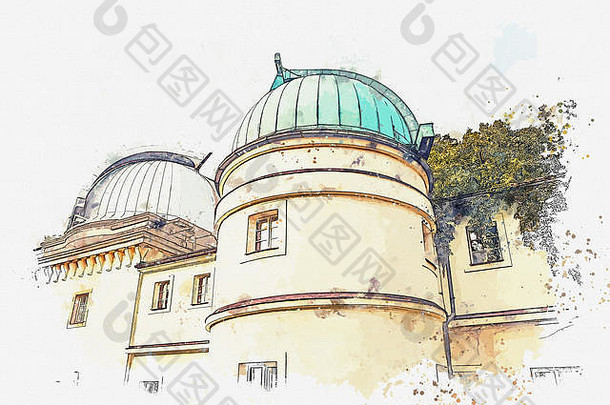 水彩草图插图天文台彼得里什的山布拉格捷克共和国探索宇宙宇宙行星望远镜