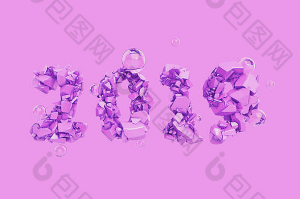 “快乐新年”横幅上印有2019年流行的粉色数字，由破碎破碎的石头制成，在玫瑰色背景上用飞扬的玻璃球隔开。抽象三维插图