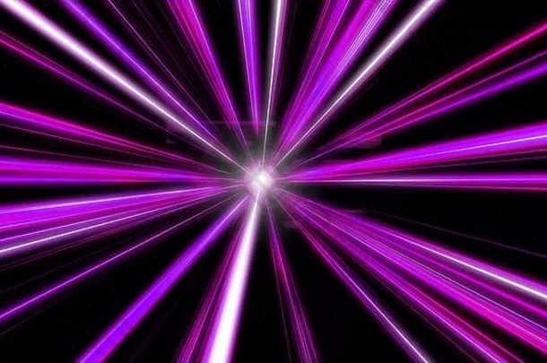 进入紫色空间扭曲。具有快速飞行光条纹的抽象背景。高速线和条纹飞进发光的隧道。