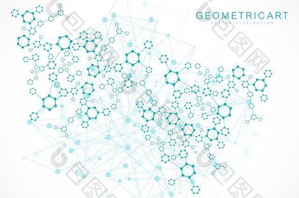 科学网络模式，连接线和点。技术六边形结构或分子连接元件。