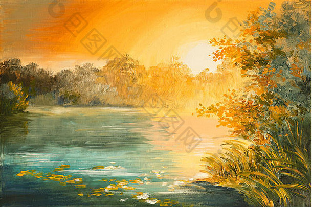 油画-湖面上的日落，彩色艺术画，秋天，黄色
