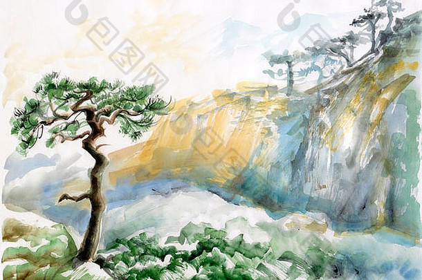 石松山水水彩原画