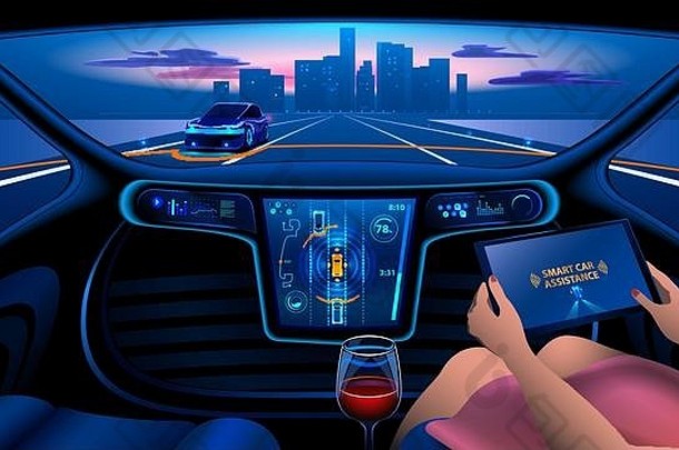 自动智能车内部。一名妇女在城市的高速公路上驾驶一辆自动驾驶汽车。显示屏显示有关车辆行驶的信息，G