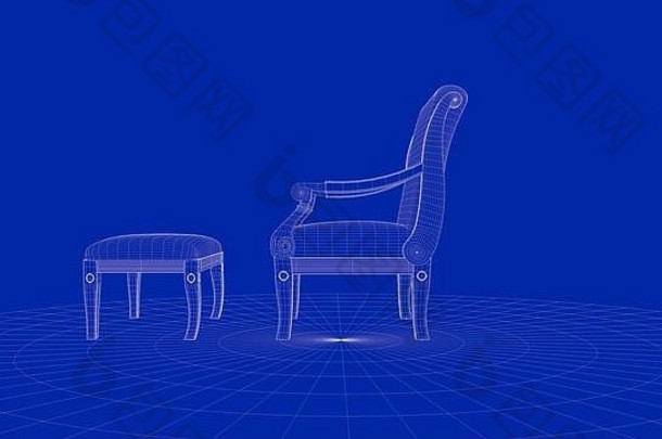 蓝色背景上轮廓椅子对象的三维渲染