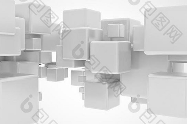 抽象3d飞行金属立方体，在白色背景上隔离