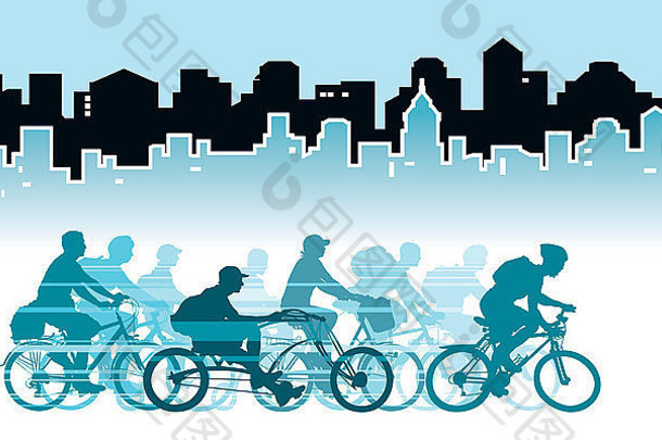 城市中的一组自行车手，体育插图。