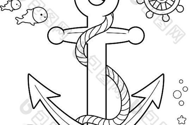 带锚、船舵和带绳的鱼的航海收藏。黑白彩色书页