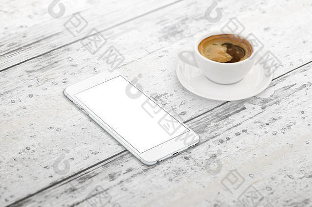 智能手机与空白屏幕的模拟。在桌子旁边放一杯咖啡。等轴测视图。