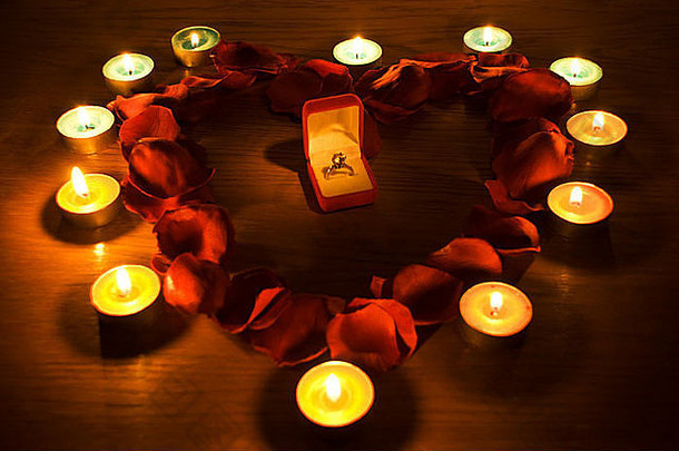 钻石戒指在心底的一个盒子里，有玫瑰花瓣和蜡烛灯